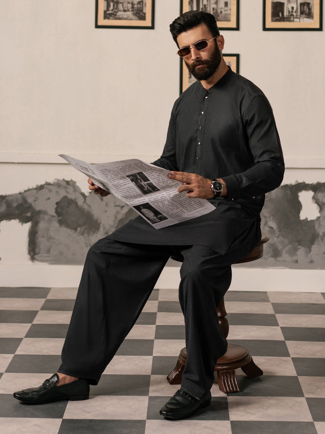 Charcoal Grey Blended Kameez Shalwar - AL-KS-3185