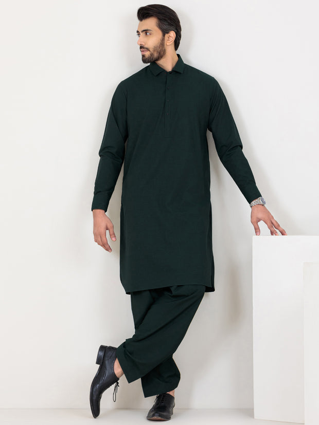 Dark Green Blended Kameez Shalwar - ALWA-KS-359 - Almirah Online