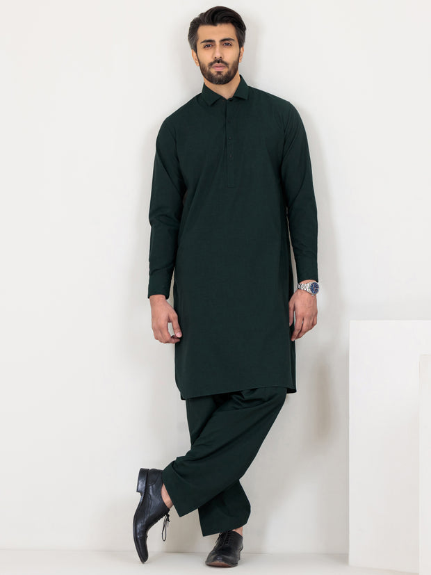 Dark Green Blended Kameez Shalwar - ALWA-KS-359 - Almirah Online