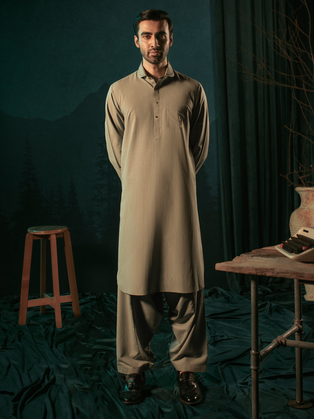 Light Grey Blended Kameez Shalwar - ALWA-KS-397