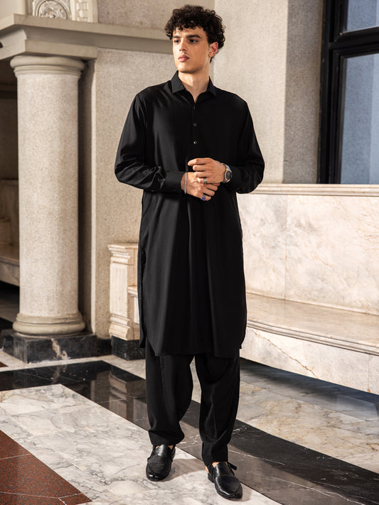 Black Cotton Kameez Shalwar - ALWA-KS-412 - Almirah Online