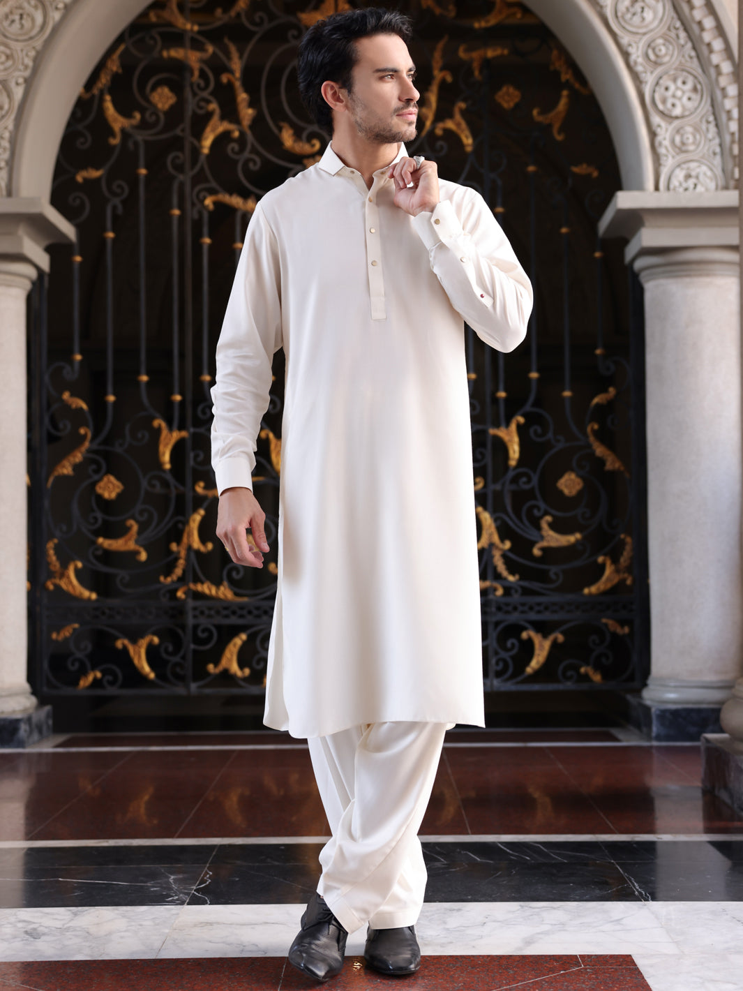 Off White Blended Kameez Shalwar - ALWA-KS-418 - Almirah Online