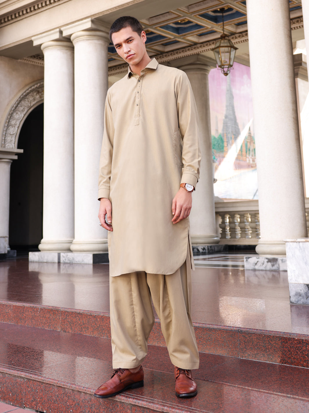 Dull Khaki Blended Kameez Shalwar - ALWA-KS-429 - Almirah Online