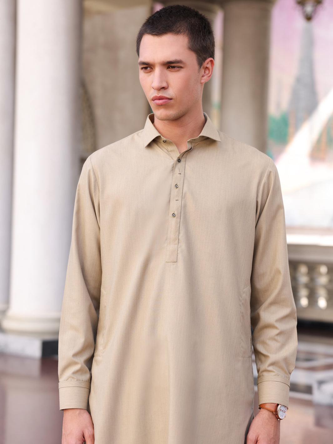 Dull Khaki Blended Kameez Shalwar - ALWA-KS-429 - Almirah Online