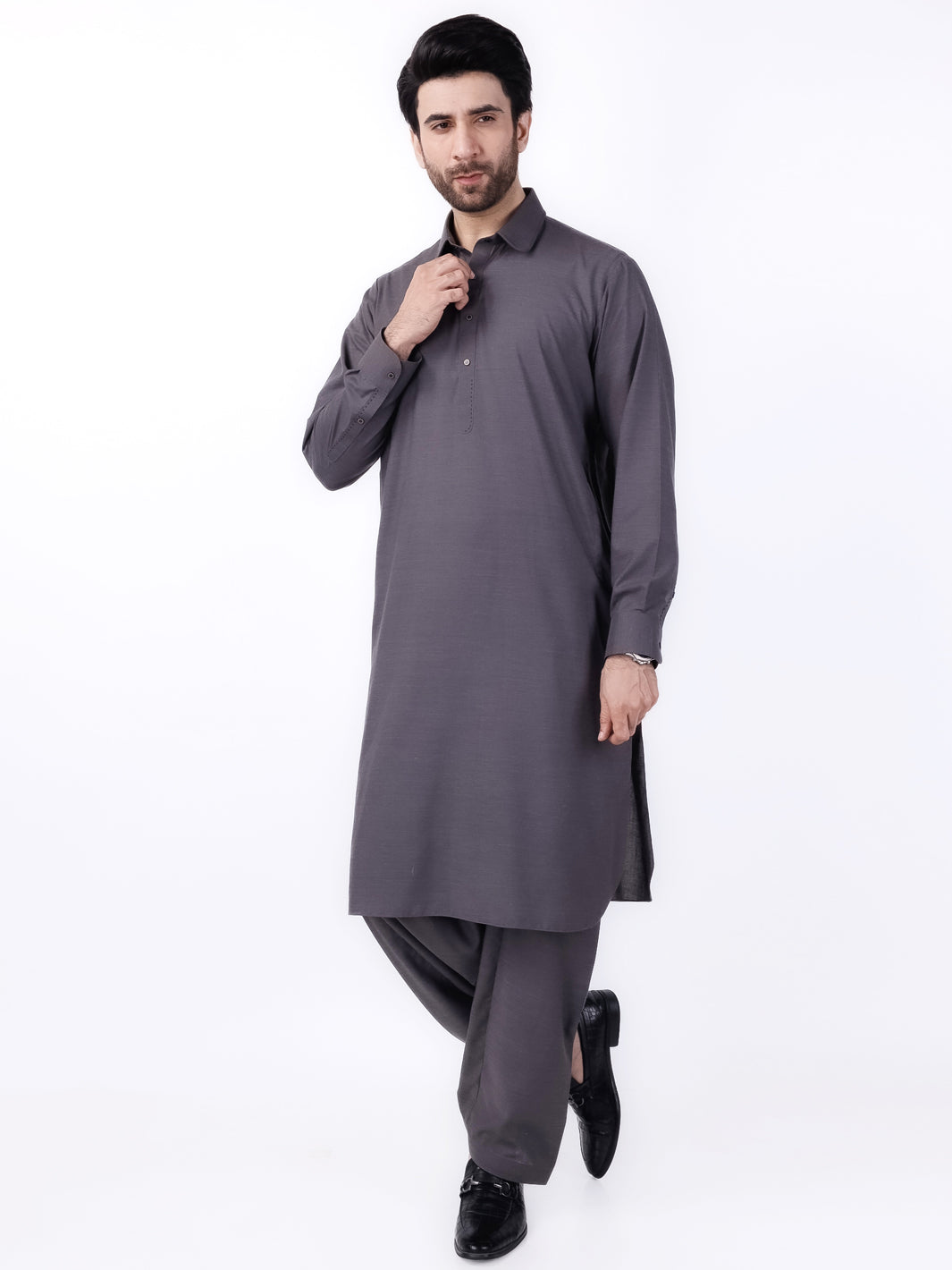 Charcoal Grey Blended Kameez Shalwar - ALWA-KS-433 - Almirah Online
