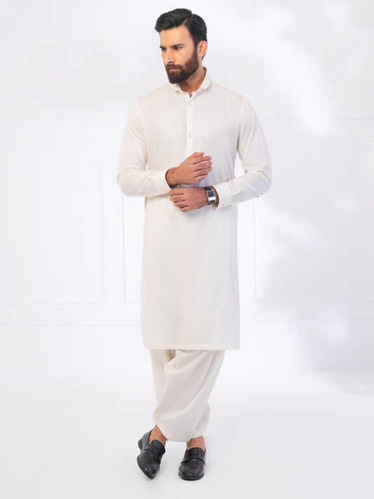 Off White Cotton Kameez Shalwar - ALWA-KS-533