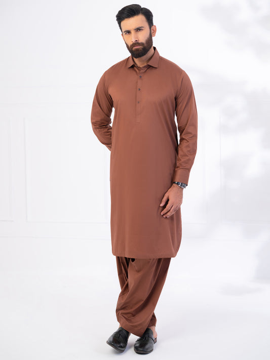 Brown Cotton Kameez Shalwar - ALWA-KS-535
