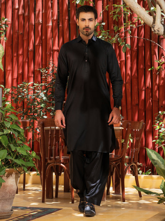 Black Cotton Kameez Shalwar - ALWA-KS-555