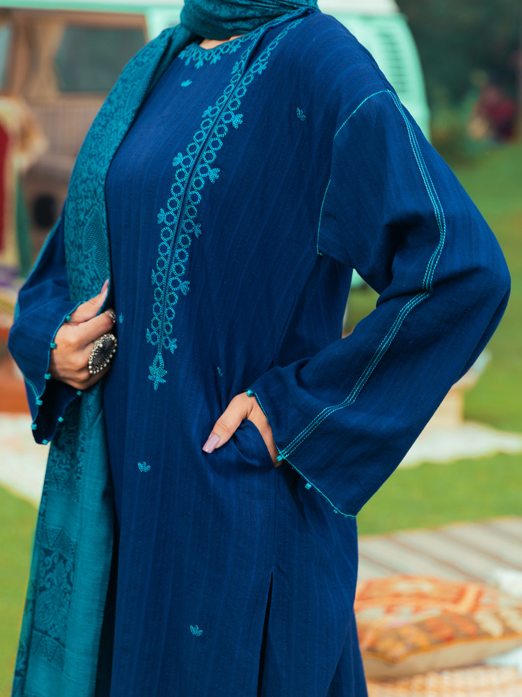 Navy Blue Dobby Jacquard Tunic - AWP-LK-617