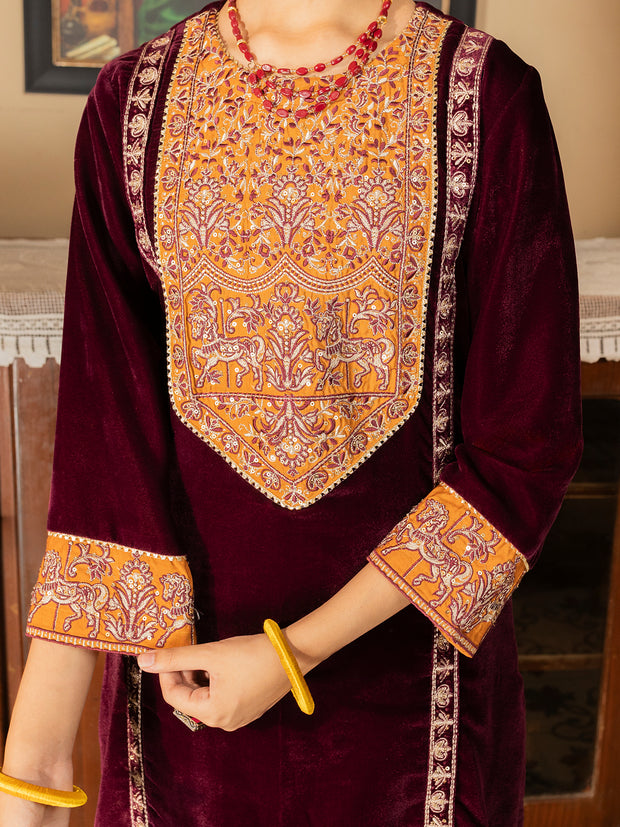 Maroon Velvet 2 Piece Stitched - ALT-LS-LKS-1141