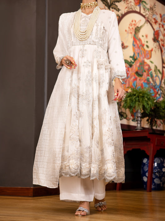 Off White Poly Net 3Pc Formal Stitched - AL-3PS-LS-371