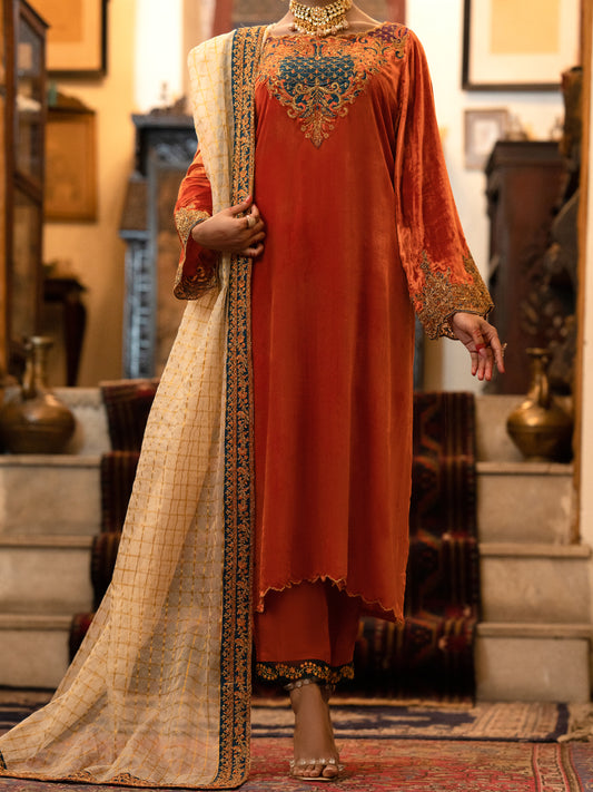 Orange Velvet 3Pc Formal Stitched - AL-3PS-LS-442