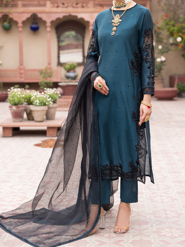 Teal Green Raw Silk 3 Piece Formal Stitched - AL-3PS-LS-470 - Almirah Online