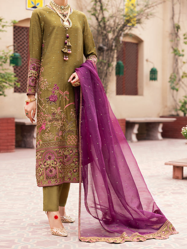 Mehndi Green Raw Silk 3 Piece Formal Stitched - AL-3PS-LS-471 - Almirah Online