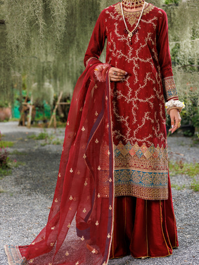 Maroon Khaddi Net Formal 3 Piece Stitched - AL-3PS-LS-524