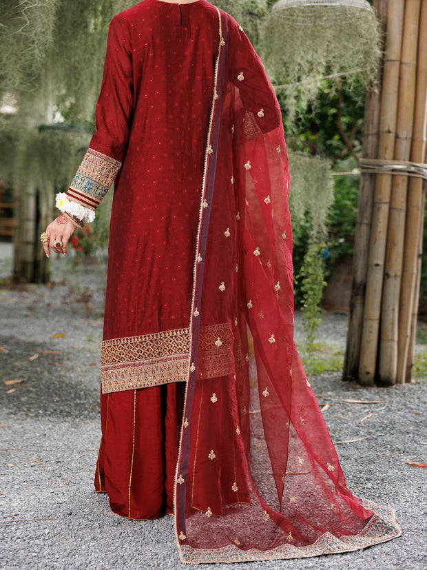 Maroon Khaddi Net Formal 3 Piece Stitched - AL-3PS-LS-524