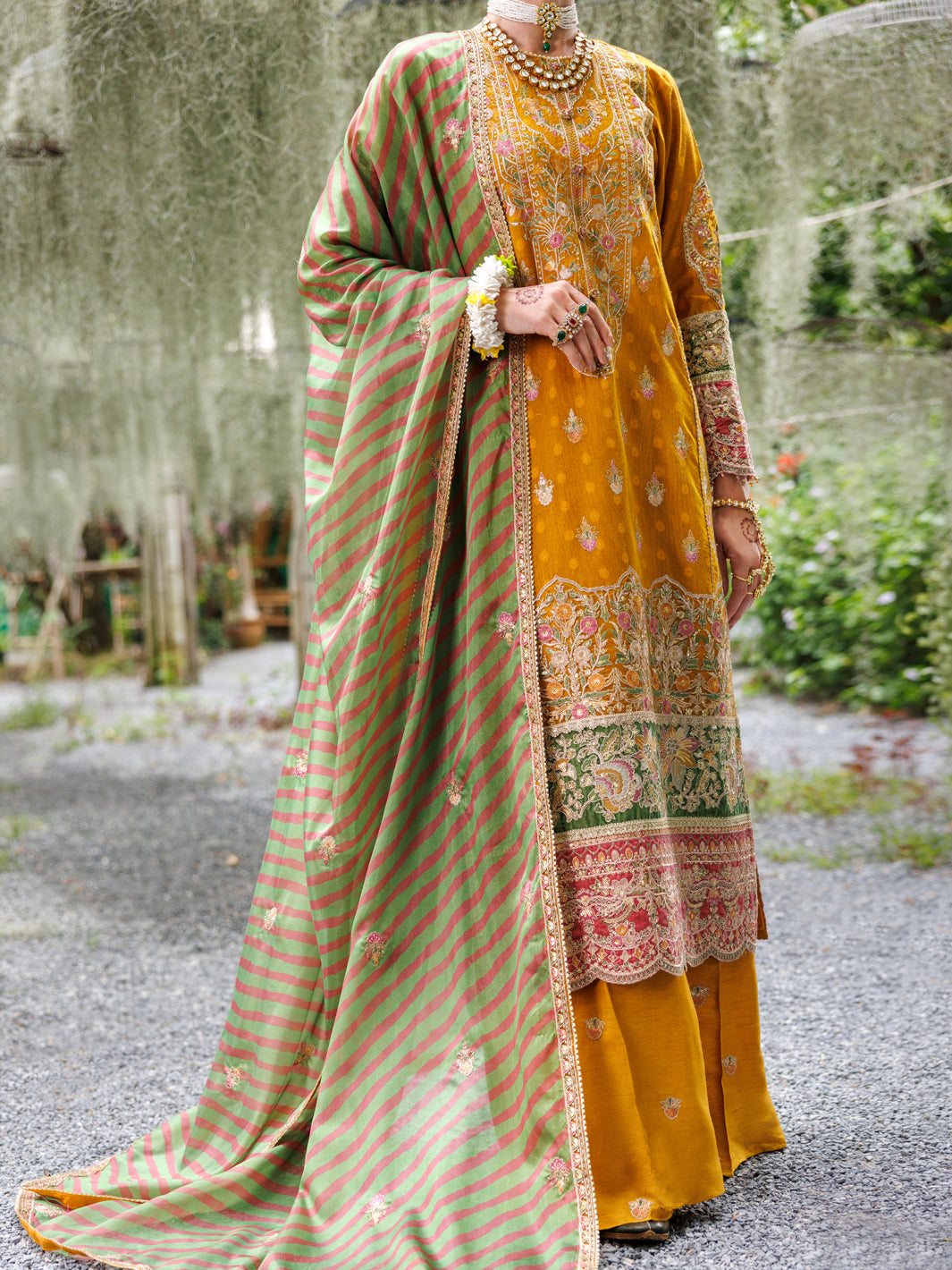 Mustard Khaddi Net Formal 3Pc Stitched - AL-3PS-LS-525