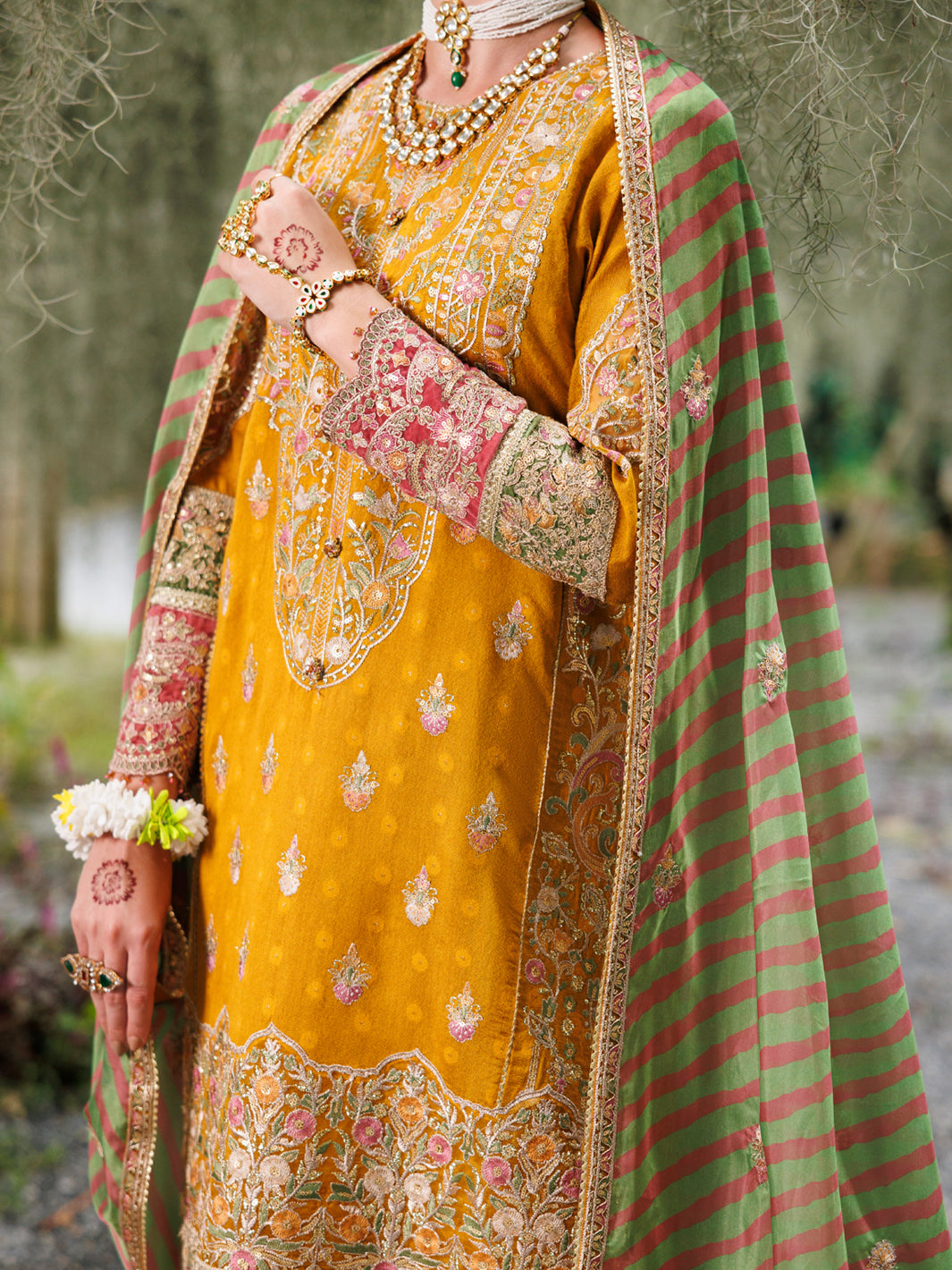 Mustard Khaddi Net Formal 3Pc Stitched - AL-3PS-LS-525