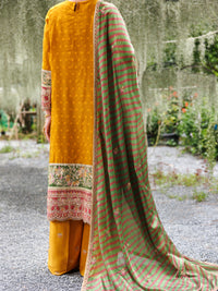 Mustard Khaddi Net Formal 3Pc Stitched - AL-3PS-LS-525