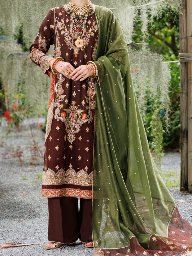 Dark Brown Raw Silk Formal 3 Piece Stitched - AL-3PS-LS-526