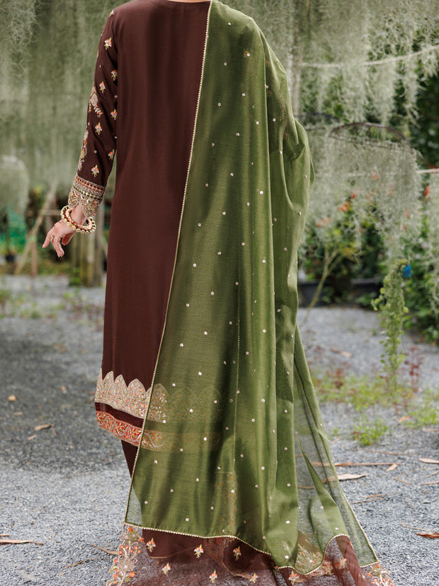 Dark Brown Raw Silk Formal 3 Piece Stitched - AL-3PS-LS-526