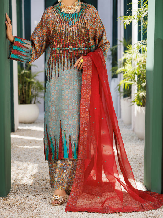 Multicolor Raw Silk Formal 3Pc Stitched - AL-3PS-LS-547