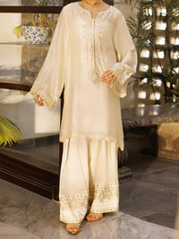 Off White Sheesha Silk Formal 3Pc Stitched - AL-3PS-LS-619