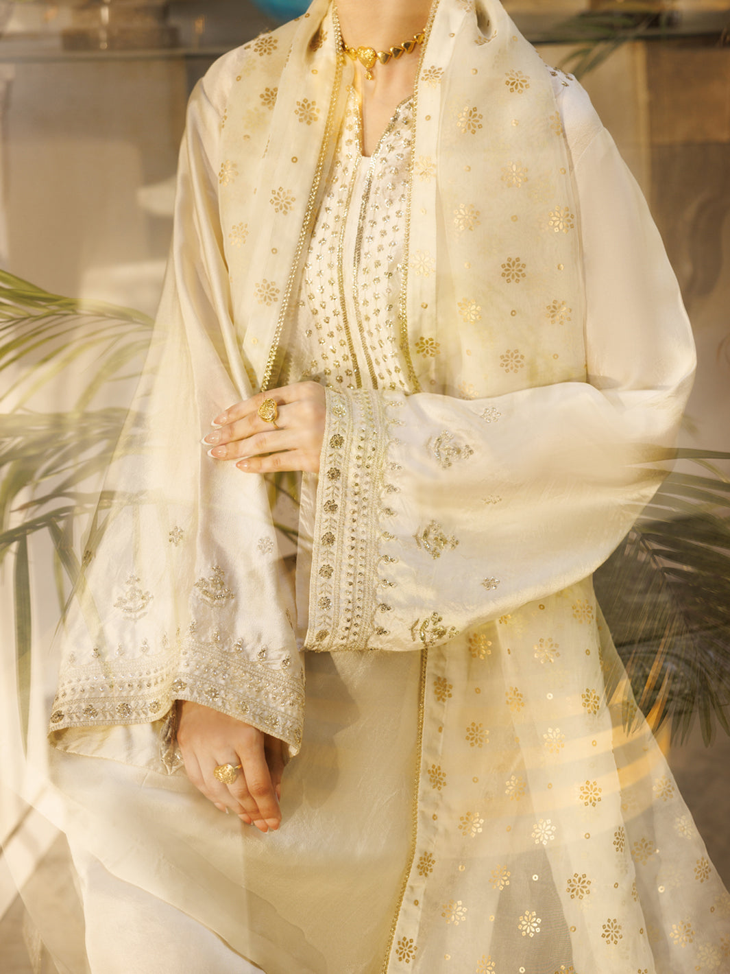 Off White Sheesha Silk Formal 3Pc Stitched - AL-3PS-LS-619