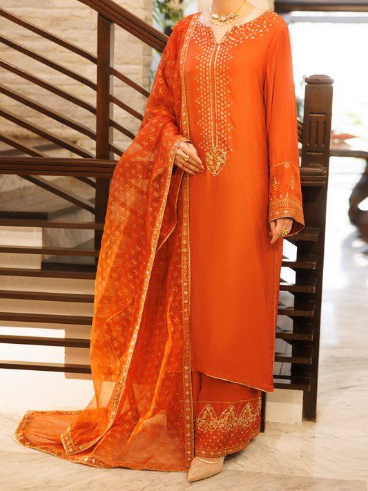 RUST SHEESHA SILK FORMAL 3PC STITCHED - AL-3PS-LS-620