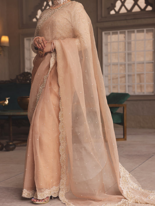 Beige Organza Saree Unstitched - AL-3PS-LS-SR-UN-428