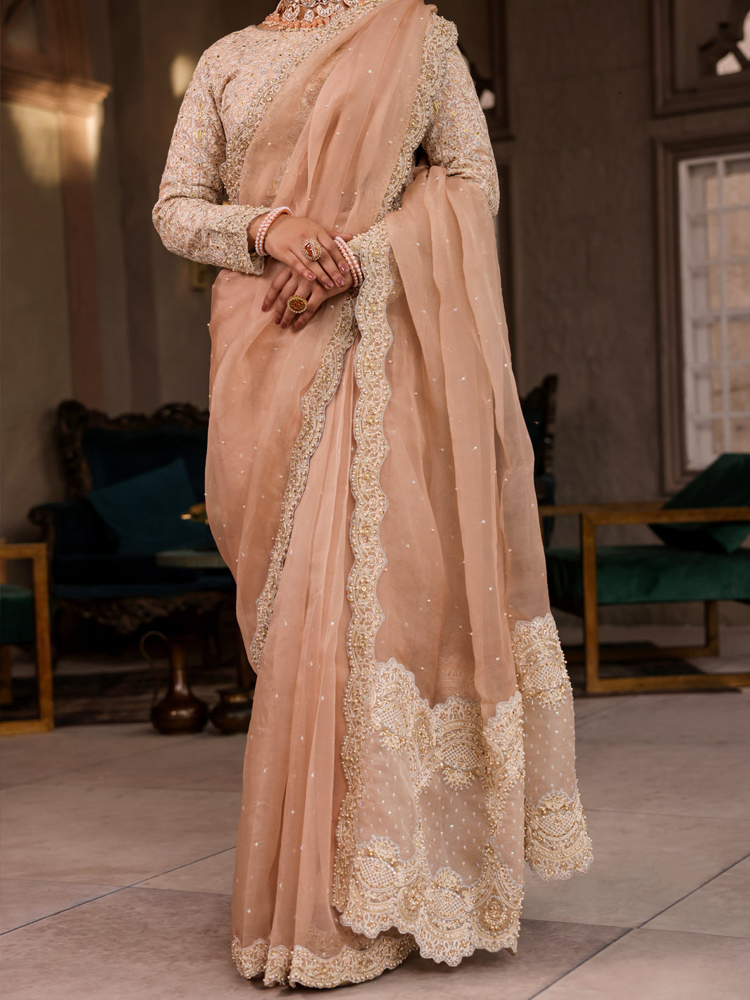 Beige Organza Saree Unstitched - AL-3PS-LS-SR-UN-428