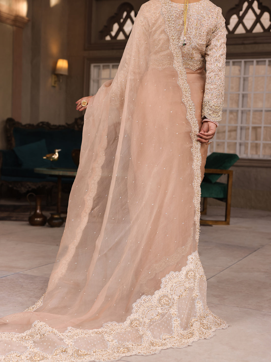 Beige Organza Saree Unstitched - AL-3PS-LS-SR-UN-428