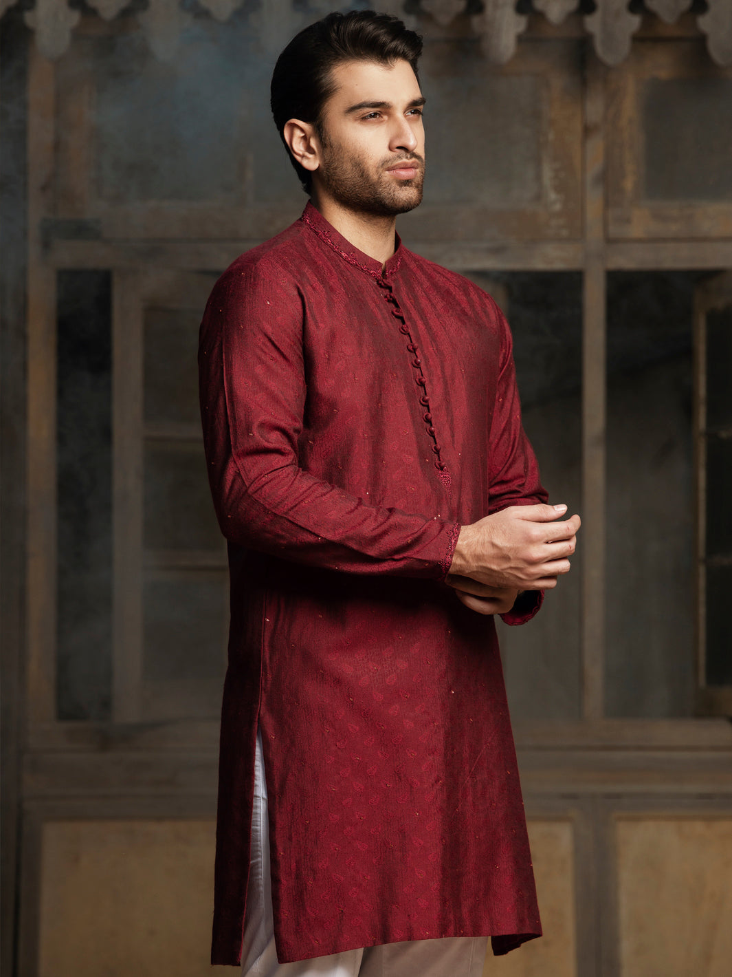 Maroon Blended Formal Kurta - AL-K-SP-041
