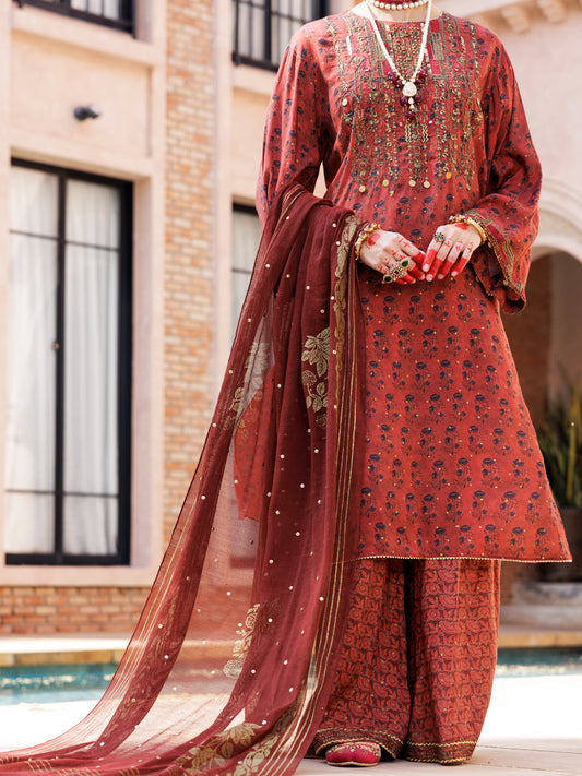 Maroon Maple Silk 3 Piece Formal Stitched - AL-3PS-LS-435 - Almirah Online