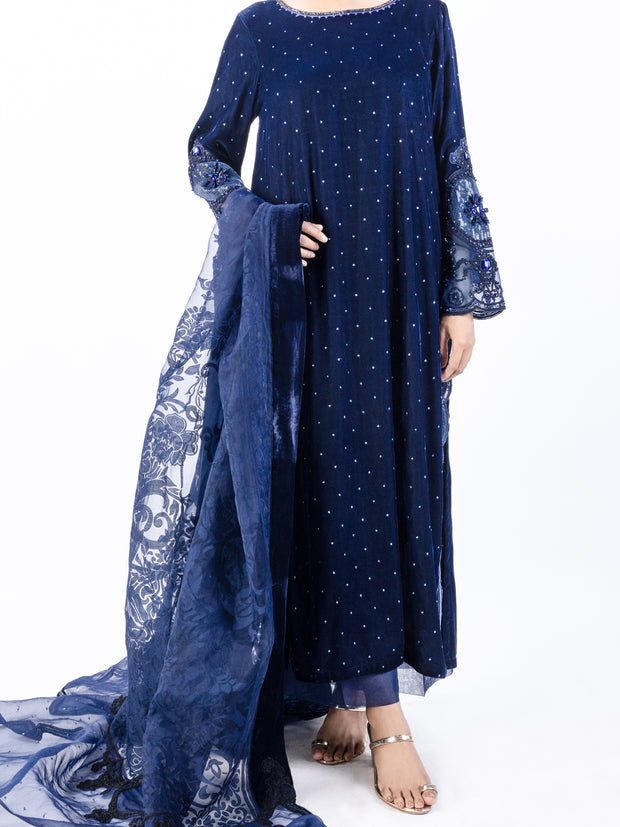 Dark Blue Velvet 3 Piece Formal Stitched - AL-3PS-LS-444