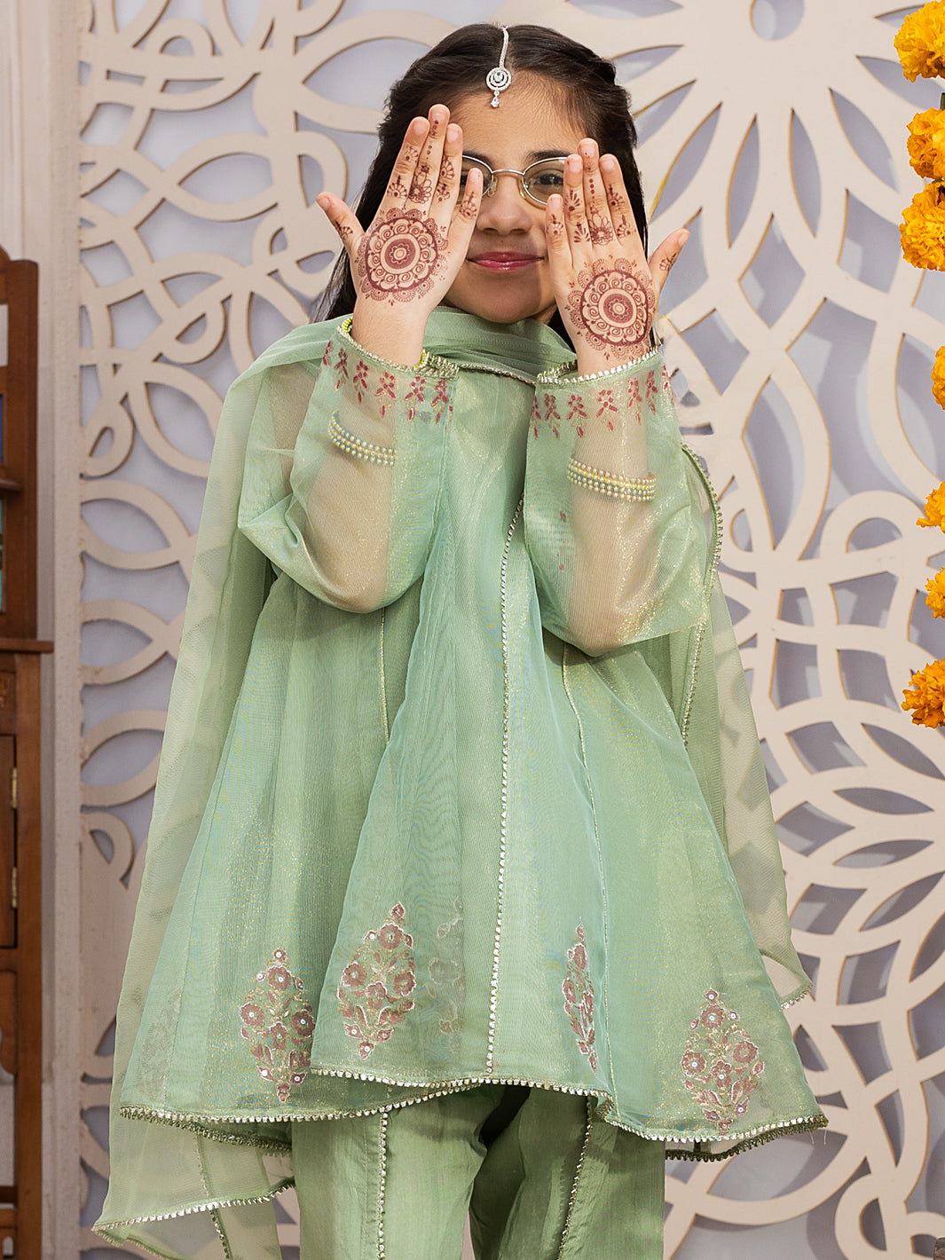 Light Green Shimmer Net 3 Piece Stitched - ALGR-3PS-LS-010