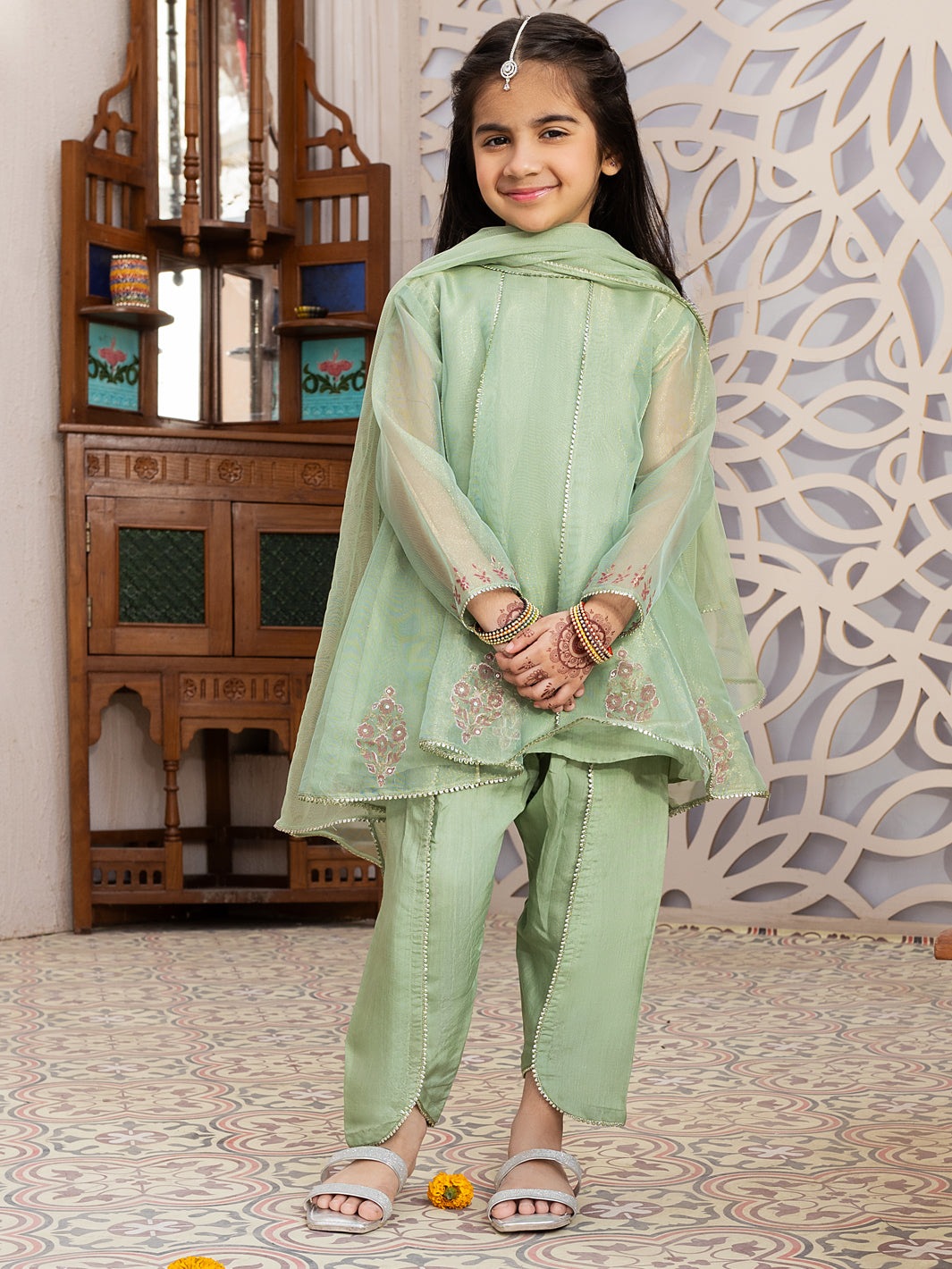 Light Green Shimmer Net 3 Piece Stitched - ALGR-3PS-LS-010