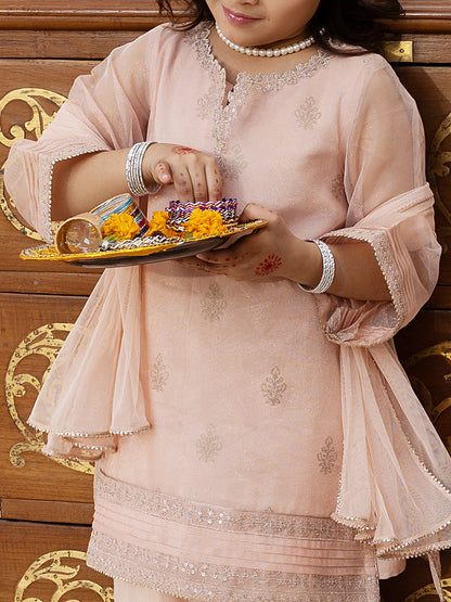 Light Pink Shimmer Net 3 Piece Stitched - ALGR-3PS-LS-013