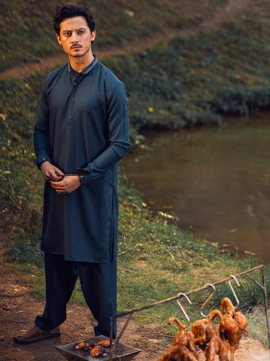 Teal Blended Kameez Shalwar - AL-KS-2938