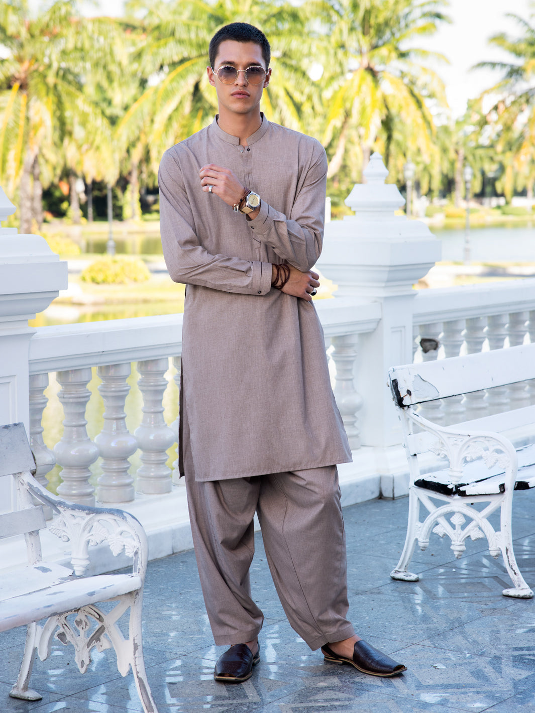 Light Brown Blended Kameez Shalwar - AL-KS-3035 - Almirah Online