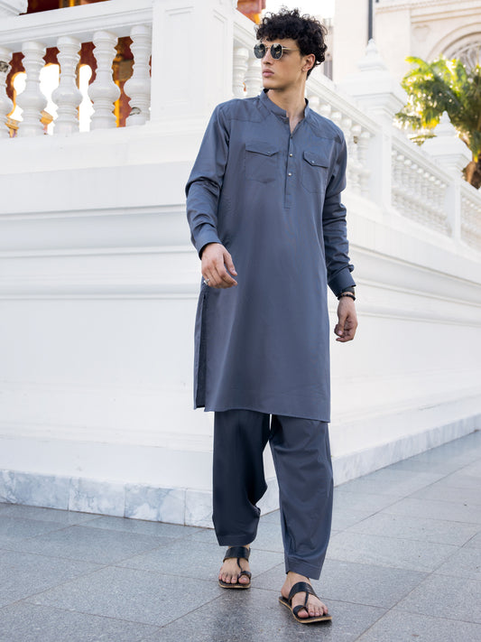 Grey Cotton Kameez Shalwar - AL-KS-3038A - Almirah Online