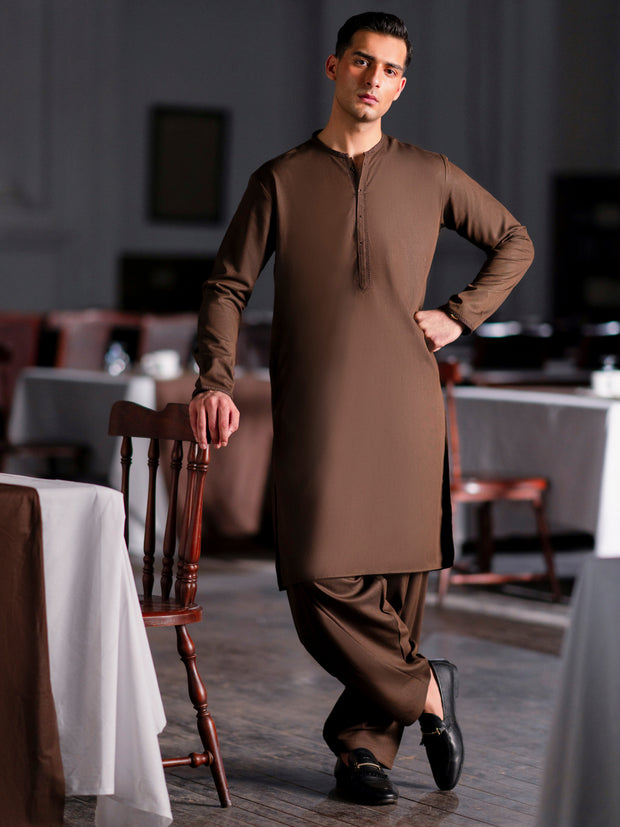 Brown Blended Kameez Shalwar - AL-KS-3127