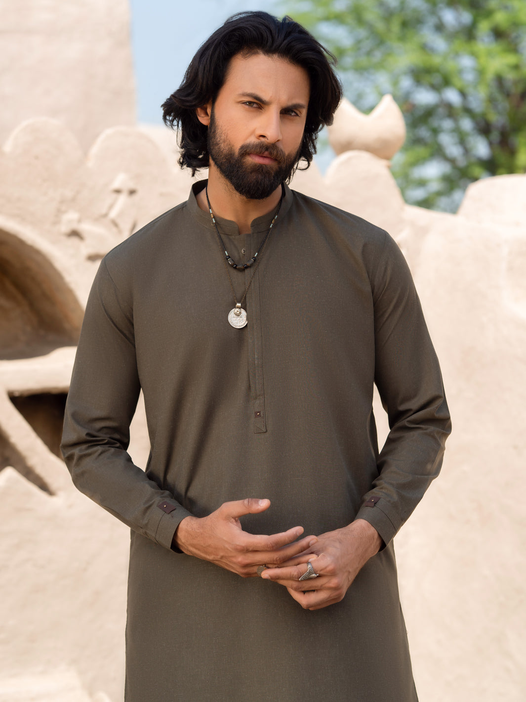 Olive Green Blended Kameez Shalwar - AL-KS-3181