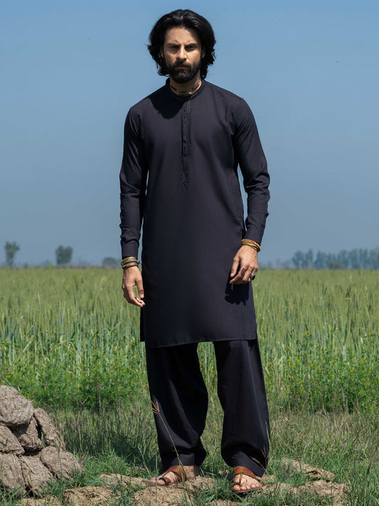 Black Blended Kameez Shalwar - AL-KS-3217B