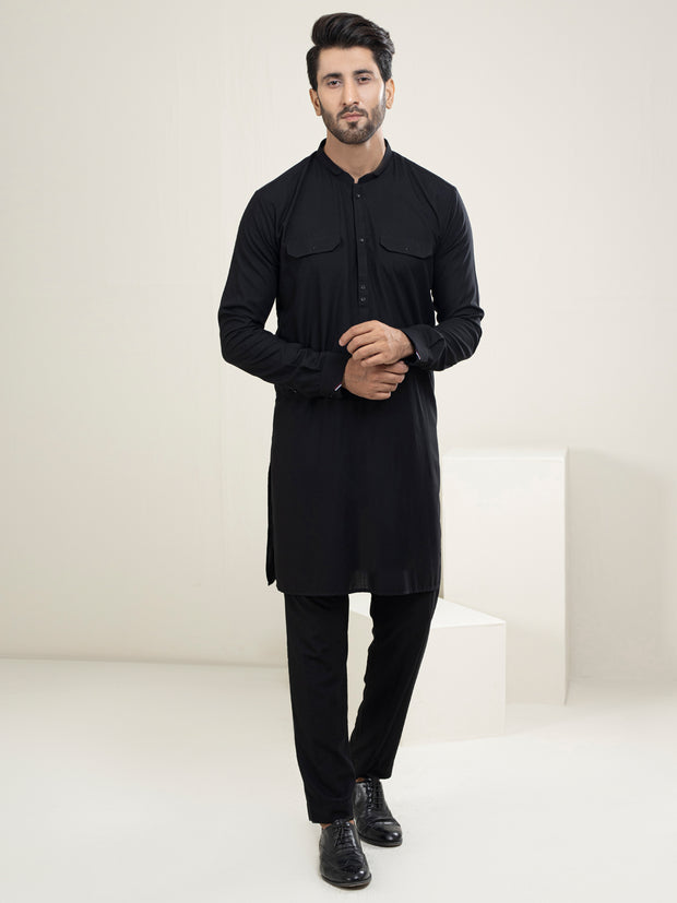 Black Woven Design Thread Work & Zari Straight Kurta & Trousers With D –  Inddus.com