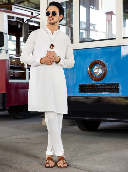 White Poly Cotton Kurta Trouser - AL-KT-3040 - Almirah Online