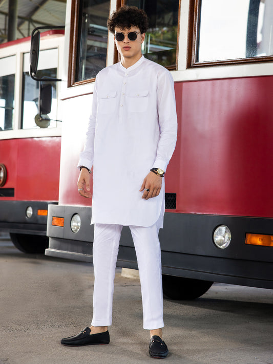White Cotton Kurta Trouser - AL-KT-3042 - Almirah Online