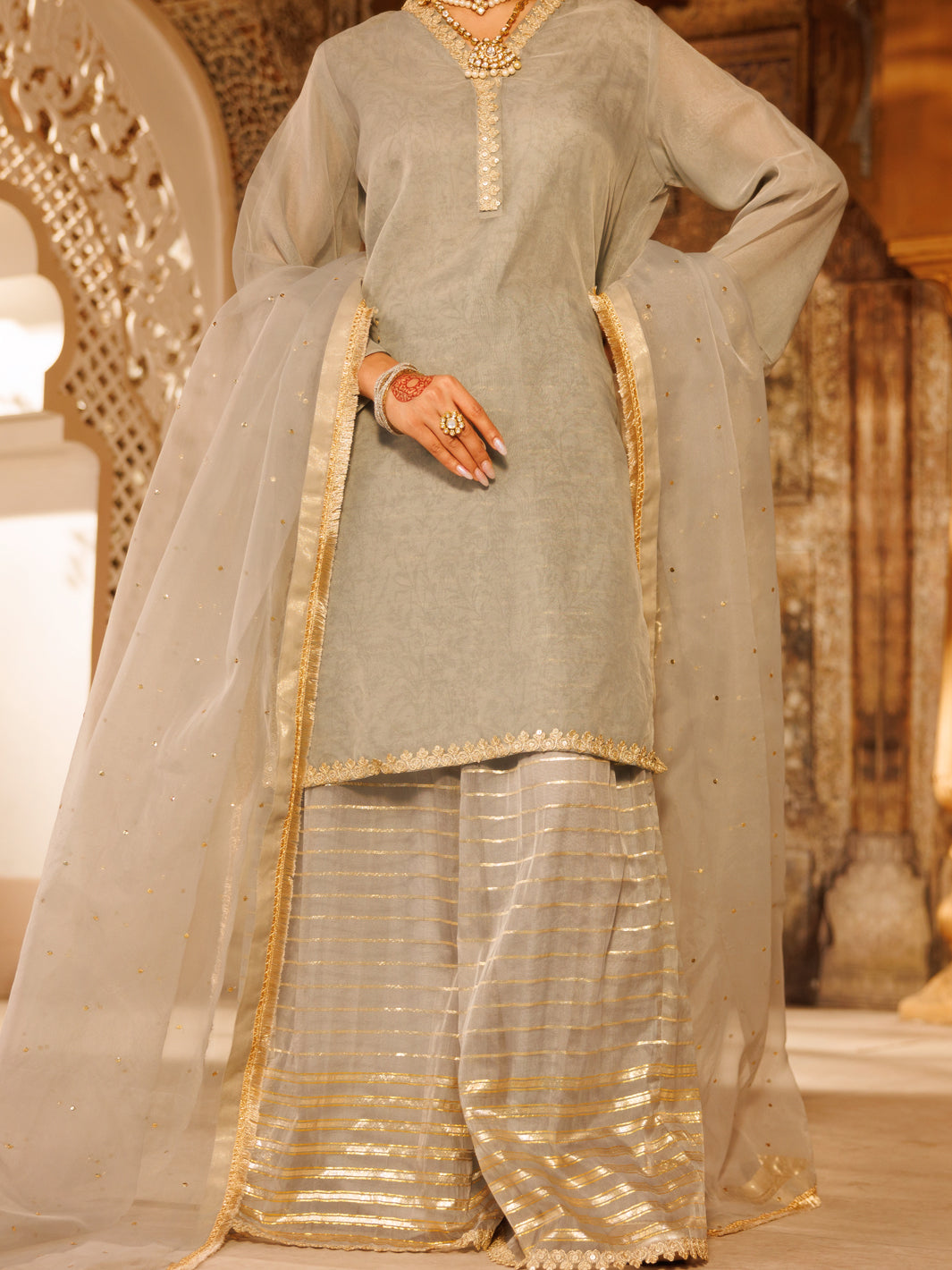 Grey Lurex Organza Formal 3Pc Stitched - AL-3PS-LS-531