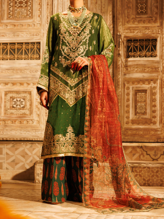 Mehendi Green Mesuri Net Formal 3Pc Stitched - AL-3PS-LS-550