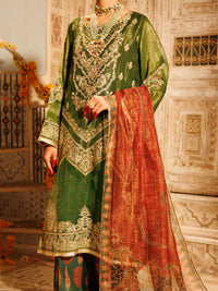 Mehendi Green Mesuri Net Formal 3Pc Stitched - AL-3PS-LS-550